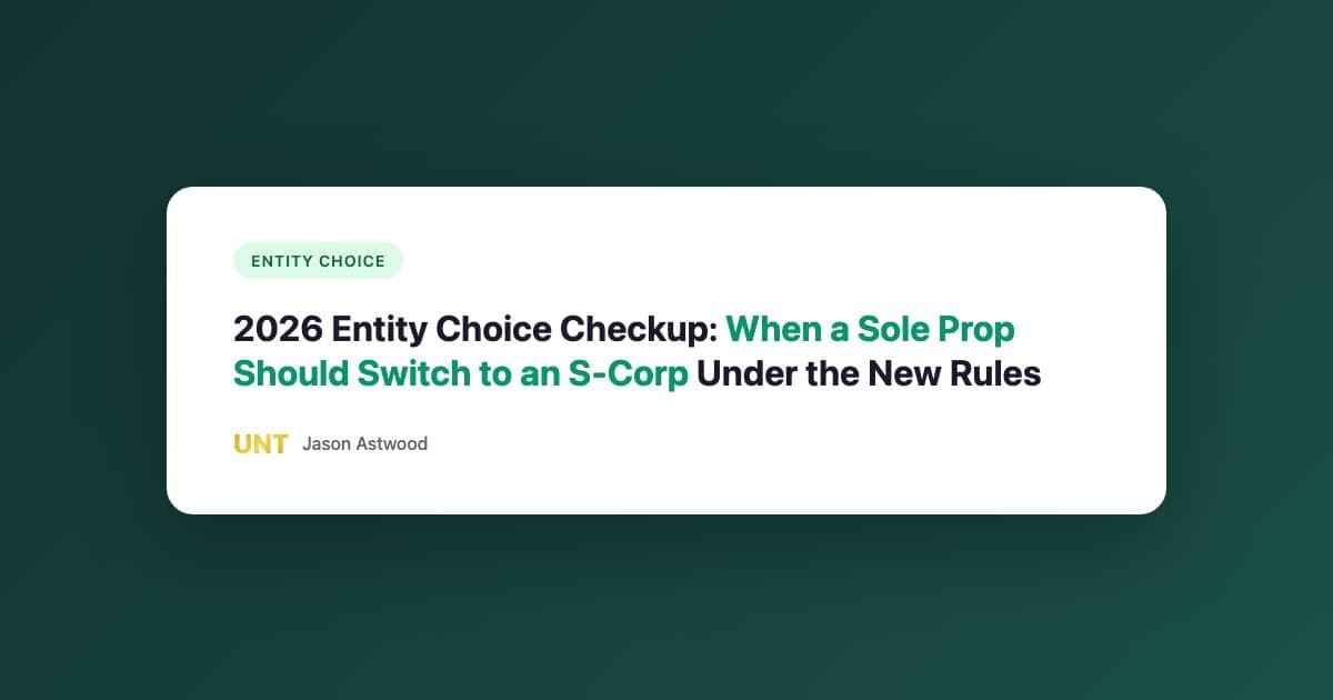 Vector illustration of a digital tablet on a desk displaying a '2026 Entity Choice Checkup.' The 'S-Corp' option is checked in bright teal, highlighting it as the recommended structure over 'Sole Prop' and 'LLC.' Subtle background icons represent QBI protection and pass-through tax savings.
