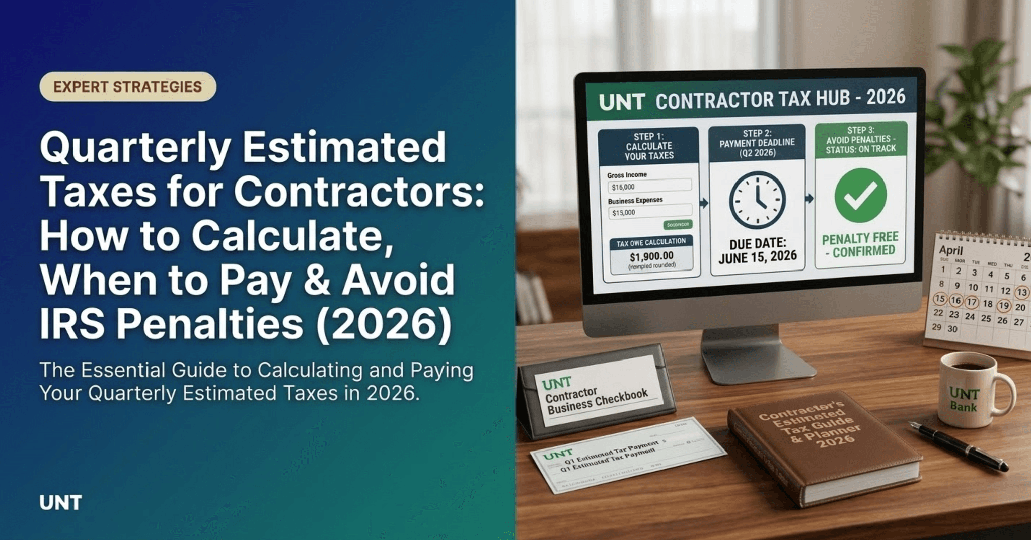 Contractor reviewing quarterly estimated tax payment schedule and IRS Form 1040-ES